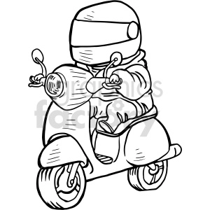The clipart image depicts a cartoonish astronaut riding a scooter. The astronaut is wearing a helmet and appears to be happily riding the scooter, which has handlebars and wheels. The image is in black and white and could potentially be used as a tattoo design.
