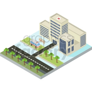 isometric city block with hospital vector clipart