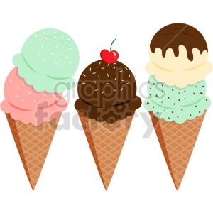 The clipart image depicts three cartoon style ice cream cones with scoops of ice cream on top. The flavors of the ice cream are not specified, but they appear to be chocolate, vanilla, and strawberry. The cone itself is brown and has a waffle texture. Overall, the image represents a sweet and delicious treat that is commonly enjoyed during hot weather or as a dessert.
