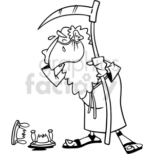 black and white father time wearing mask crying over broken hourglass vector clipart