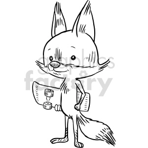 The clipart image depicts an anthropomorphic fox standing upright on its hind legs, holding a skateboard. The fox has prominent ears and a bushy tail, characteristic of typical fox features, and appears to have a confident or playful expression.