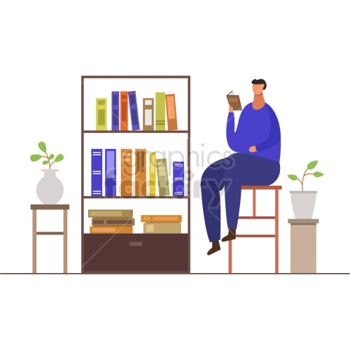 The clipart image shows an illustration of a person sitting in a living room or home library, reading a book. The person is depicted in a side profile view with their head turned towards the book, while sitting on a comfortable armchair. The background shows shelves filled with books and a lamp on a side table.
