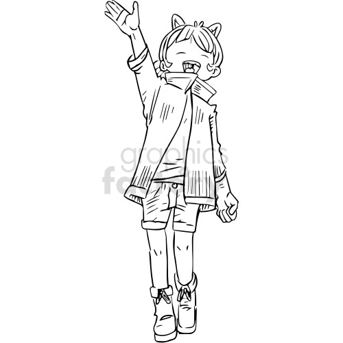 black and white cartoon anime girl waving hello