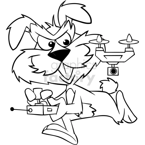 black and white cartoon dog using drone clipart