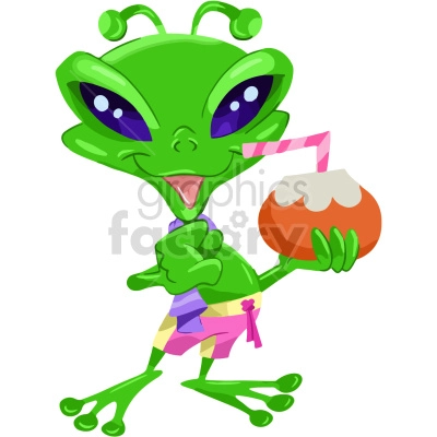 The clipart image shows a cartoon depiction of an alien holding a drink. The alien has green skin, large eyes. It appears to be standing on a planet surface with stars and a spaceship in the background.
