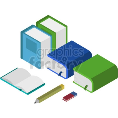 The clipart image is an isometric illustration of a stack of books with a pencil and ruler lying on top, forming a composition of education supplies. The image depicts a classroom or study environment where books are an essential component of learning.
