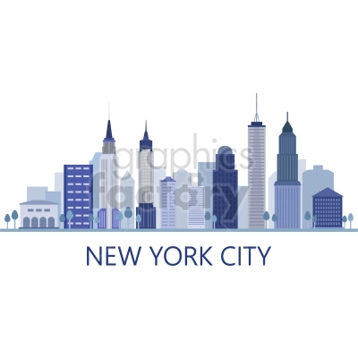 The clipart image shows an illustrated skyline of New York City, including iconic landmarks such as the Empire State Building, Chrysler Building, and One World Trade Center. The image depicts the cityscape during the day with blue skies.
