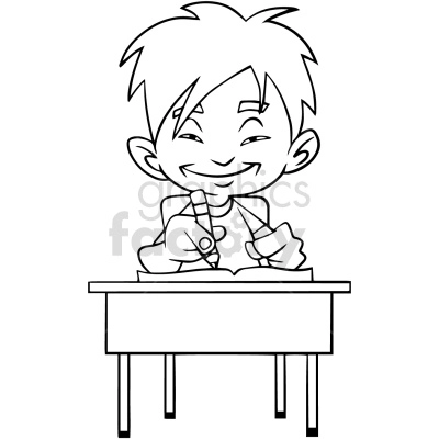 black and white asian student sitting at desk vector