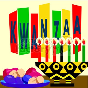 The clipart image illustrates a Kwanzaa celebration. Key elements include:
- A Kinara (candle holder) with seven candles, known as the Mishumaa Saba, with three red candles on the left, one black candle in the middle, and three green candles on the right.
- The letters KWANZAA spread out in a fan-like manner behind the Kinara, each letter depicted on a colorful vertical rectangle.
- A bowl of fruit in front of the Kinara, representing the harvest.