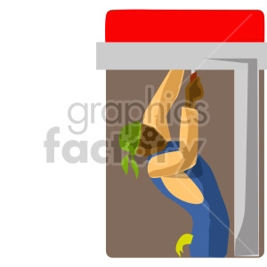 The image is a clipart illustration that depicts an African American plumber working under a sink. The plumber is wearing a cap and overalls, indicative of construction or maintenance work. The plumber seems to be holding a tool, possibly a wrench, and appears to be fixing or examining the piping under the sink. The image is simplified and stylized, using shapes and colours to represent the plumber and the environment without detailed features.
