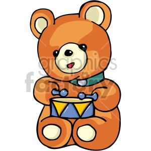 The clipart image shows a cartoon-style illustration of a brown bear playing the drum. The drum is yellow and blue. The bear has a green collar on, and a playful looking face
