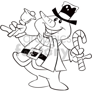 black and white happy cartoon christmas snowman character coloring page