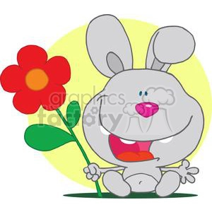 The clipart image displays a funny cartoon character that appears to be a grey rabbit. The rabbit has large, prominent ears, a big pink nose, and an open-mouthed, cheerful expression. It is holding a large red flower with a yellow center and green stem and leaves. The background features a simple yellow circle, giving the impression of the sun, with a plain white rest of the background.