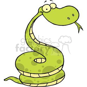 The clipart image shows a whimsical cartoon character of a green snake. The snake has a goofy expression, with large eyes looking upward and a slightly open mouth, giving it a light-hearted and humorous appearance.