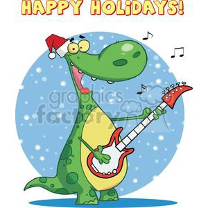 Dinosaur Plays Guitar with Santa Hat With Text Happy Holidays!