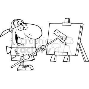 The image is a black and white clipart illustration showing a cartoonish character painting on a canvas using a paint roller. The character is wearing a baseball cap, has an eager expression, and is holding the roller with paint dripping from it, while a blank canvas is set up on an easel in front of the character.