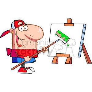 The clipart image shows a humorous character that appears to be an artist. The character has a large, round nose, and is wearing a red and purple cap turned sideways, glasses, a red shirt, and blue pants. The character's shoes are white with red details, matching the cap. The artist is using a paint roller instead of a traditional paintbrush, which has green paint on it. There's a canvas on an easel which has just a splatter of green paint, indicating the artist has just begun to paint, or is humorously using unconventional methods.