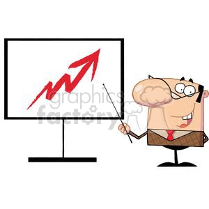 The clipart image depicts a cartoon character resembling a businessman holding a pointer, standing next to a projection screen displaying a red upward trending arrow, symbolizing growth or increase, typically used to represent a positive trend in business or finance.