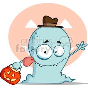 Happy Ghost Goes Trick Or Treating In Front of An Light Orange Jack O Lantern