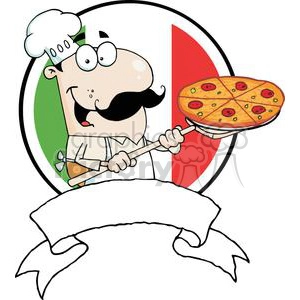 Banner Of A Proud Chef Inserting A Pepperoni And Cheese Pizza In Front Of Flag Of Italy