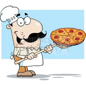 Fast Food Proud Chef Inserting A Pepperoni Pizza In Front Of A Blue and White Background