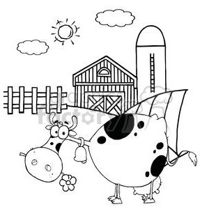 The image is a black and white clipart depicting a comical farm scene with a cow. The cow has a whimsical expression, is wearing a bell around its neck, standing on two legs, and has a disproportionately large rear with wings attached, giving the appearance of being ready to take flight. In the background, there's a traditional barn with a silo, a wooden fence, some clouds, and a sun with rays. A flower is also visible beside the cow.