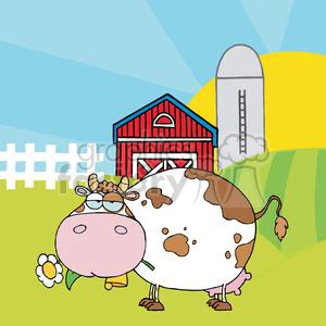 Cartoon white and brown cow in front of farm scene holding a flower in mouth