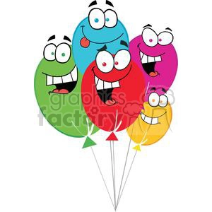 The clipart image depicts 5 comical birthday ballons in varying colors of green, blue, purple, red and yellow. They have mouths and eyes, as well as one of them having its tongue sticking out at you