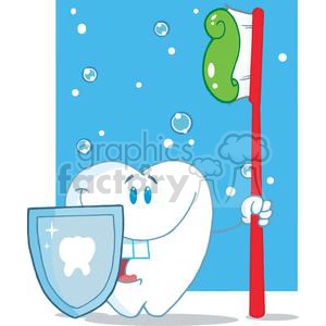 This clipart image features an anthropomorphic tooth that is smiling and looks happy. The tooth is holding a toothbrush in one hand and a shield with a tooth symbol in the other. There are soap bubbles in the background, which might suggest the idea of cleanliness or the act of brushing. The tooth character is also wearing a cape that can resemble a bib, implying it is a hero in the context of dental hygiene.