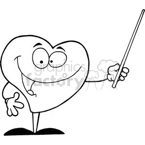The clipart image features an anthropomorphized heart character with a funny expression. The heart has a face with two eyes and a smiling mouth, as well as arms and hands. One hand is resting on its hip, while the other is holding a long, thin stick, like a pointer or baton. The heart character also has two legs with shoes and it appears to be standing on a patch of ground.