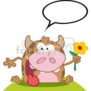 This clipart image depicts a cartoon-style cow sitting on a grassy patch. The cow has a comical expression, with large eyes and a surprised or silly look on its face. It is holding a yellow flower with a green stem in one hand, and its tongue is sticking out to the side. Above the cow is an empty speech bubble suggesting that the cow could be saying something, allowing for customization of text.