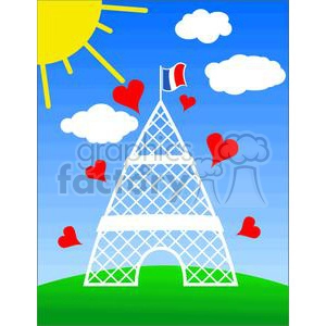 This clipart image features a stylized illustration of the Eiffel Tower situated on a green hill with a blue sky background that includes fluffy white clouds and a shining yellow sun. Surrounding the Eiffel Tower are multiple red hearts of varying sizes floating in the air, and atop the tower is a French flag. The image conveys a cheerful and romantic vibe associated with Paris, France.