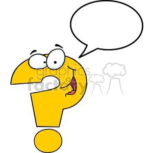 The image features a cartoonish, anthropomorphic question mark with a face, eyes, and mouth, expressing a cheerful and inquisitive character. It appears to be talking or asking a question, indicated by the empty speech bubble next to it.