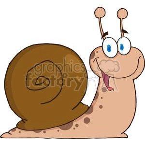 This is a cartoon image of a funny-looking snail. The snail has a large, brown spiral shell and a light brown body with darker spots. It has big, exaggerated blue eyes mounted on stalks, and its mouth is open, showing a playful tongue sticking out, which adds to the humorous expression.