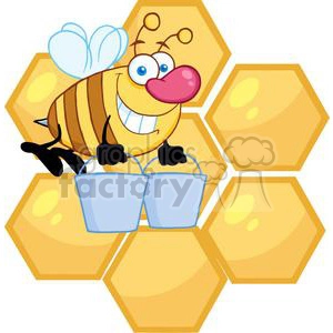 4107-Happy-Honey-Bee-Flying-With-A-Buckets-In-Front-Of-A-Orange-Bee-Hives