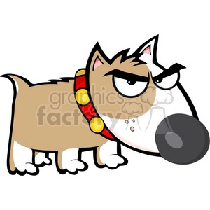 This clipart image features a cartoon depiction of a brown dog with a prominent snout and a somewhat grumpy or serious facial expression. The dog has thick eyebrows furrowed in a way to suggest anger or annoyance, pointed ears, and is wearing a red collar with yellow accents.