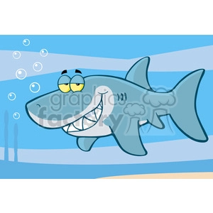 The image is a cartoon clipart featuring a comical great white shark underwater. The shark has a large, exaggerated smile with visible teeth. There are also air bubbles and oceanic plants in the background to create an underwater scene.