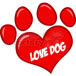 The image depicts a red, heart-shaped design with the words LOVE DOG in white letters at the center of the main heart. The design is created to resemble a dog's paw print, where the main heart represents the pad of the paw, and four smaller red circles above it suggest the toes. The overall illustration is vibrant and cartoonish, and it conveys a sense of affection for dogs.