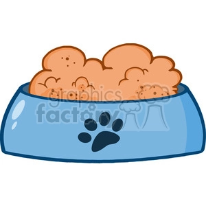 This clipart image depicts a blue dog bowl filled with tan-colored dog food. The bowl is illustrated with a simple cartoon style and has a paw print design on its side, giving it a playful and pet-friendly appearance.