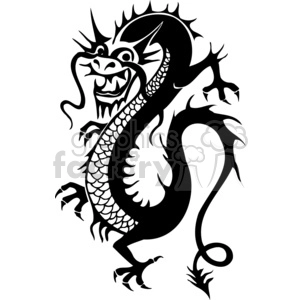 The image is a black and white clipart of a stylized Chinese dragon. The dragon appears fierce with an open mouth, sharp teeth, prominent eyes, and a body adorned with scales. It has horns on its head, a spine with pointed protrusions, and its body is contorted in a dynamic, serpentine shape, with a sharp-tipped tail. This design is simplified and bold, making it suitable for vinyl cutting or as a tattoo design.