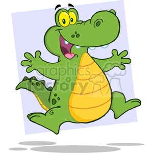 The image shows a cartoon depiction of a happy, green crocodile or alligator. The character has big, round yellow eyes with black eyebrows raised in a cheerful expression, and its mouth is open in a wide grin, revealing a pink tongue and a single tooth. It has a large yellow belly and is standing on its hind legs with its arms spread out, as if in a welcoming or excited gesture. Spots on the back and tail add detail to the character, and it has a short, rounded snout typical of a cartoon alligator or crocodile.