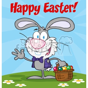 Royalty-Free-RF-Happy-Easter-Text-Above-A-Waving-Gray-Bunny-With-Easter-Eggs-And-Basket