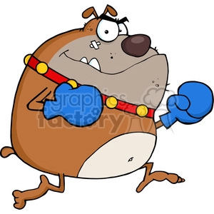 The clipart image depicts a comical cartoon dog dressed as a boxer. The dog is wearing boxing gloves, has a humorous expression with one eye larger than the other and a toothy grin, and is also wearing a belt with decorations that resemble championship belt details. The dog stands upright on its hind legs and looks ready to box, embodying a light-hearted and silly take on a boxing athlete.