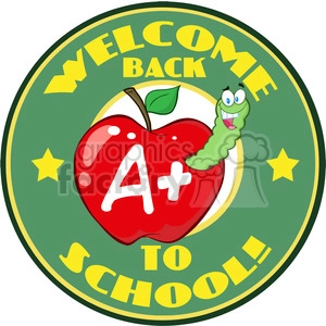 4950-Clipart-Illustration-of-Happy-Worm-In-Red-Apple-Over-Sticker-With-Text-Back-To-School