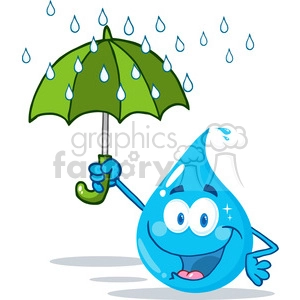 12867 RF Clipart Illustration Smiling Water Drop With Umbrella Under The Rain