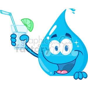12873 RF Clipart Illustration Happy Water Drop Cartoon Character Holding A Water Glass