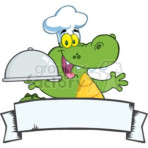 Crocodile Chef Holding A Platter Over A Blank Banner