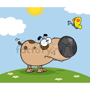 The clipart image features a large-nosed cartoon dog with a comical expression standing on a grassy hill. The dog is looking up towards a colorful butterfly flying in the air. The background includes a sunny blue sky with a sun and a cloud. A few flowers are scattered on the hill.