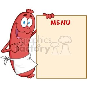 Happy-Sausage-Cartoon-Mascot-Character-Showing-Menu