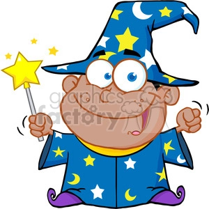 Clipart of Happy African American Wizard Boy Waving With Magic Wand